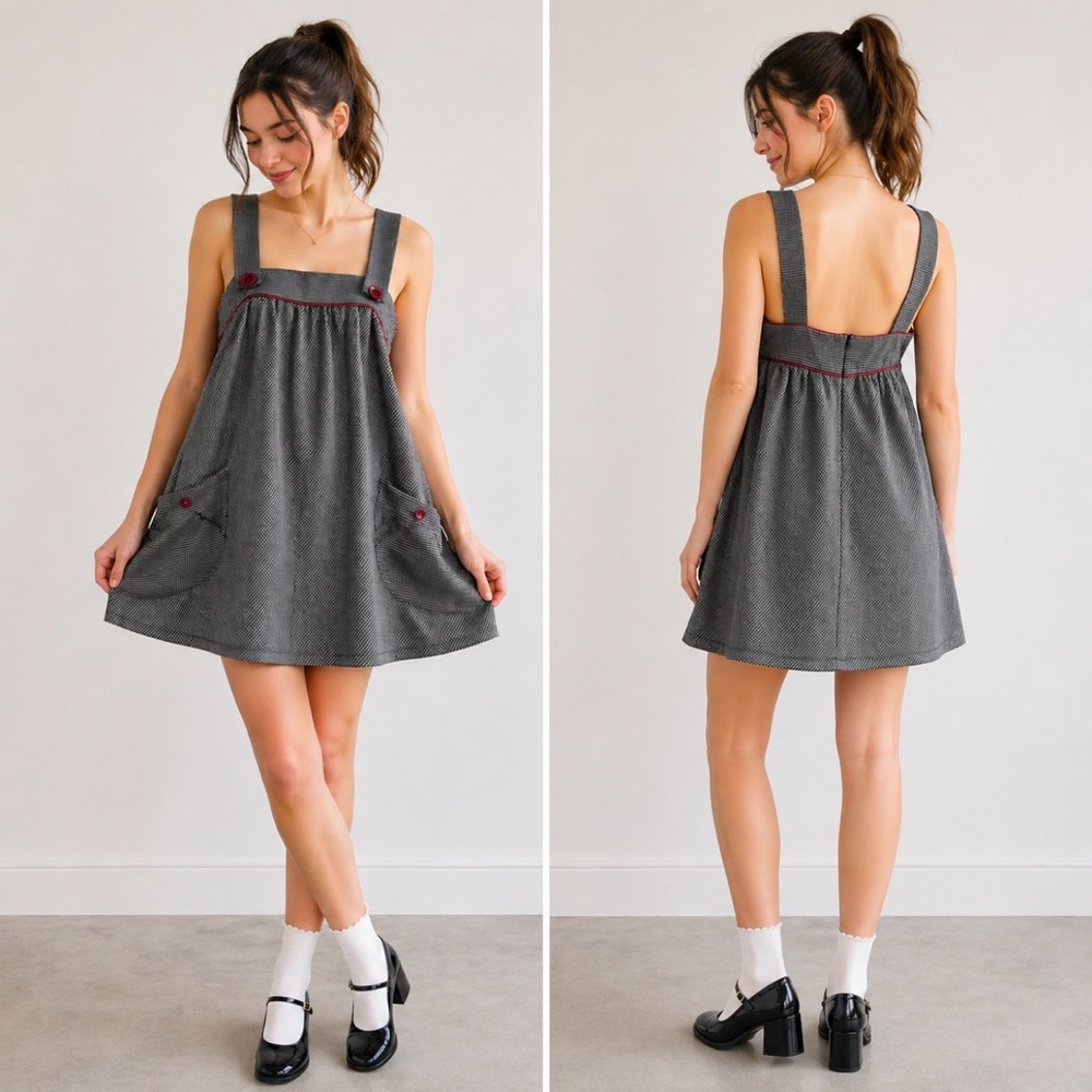 Beiza Houndstooth Jumper Dress, Y2K Milkmaid Babydoll Pinafore, sz L (Fits S–L)